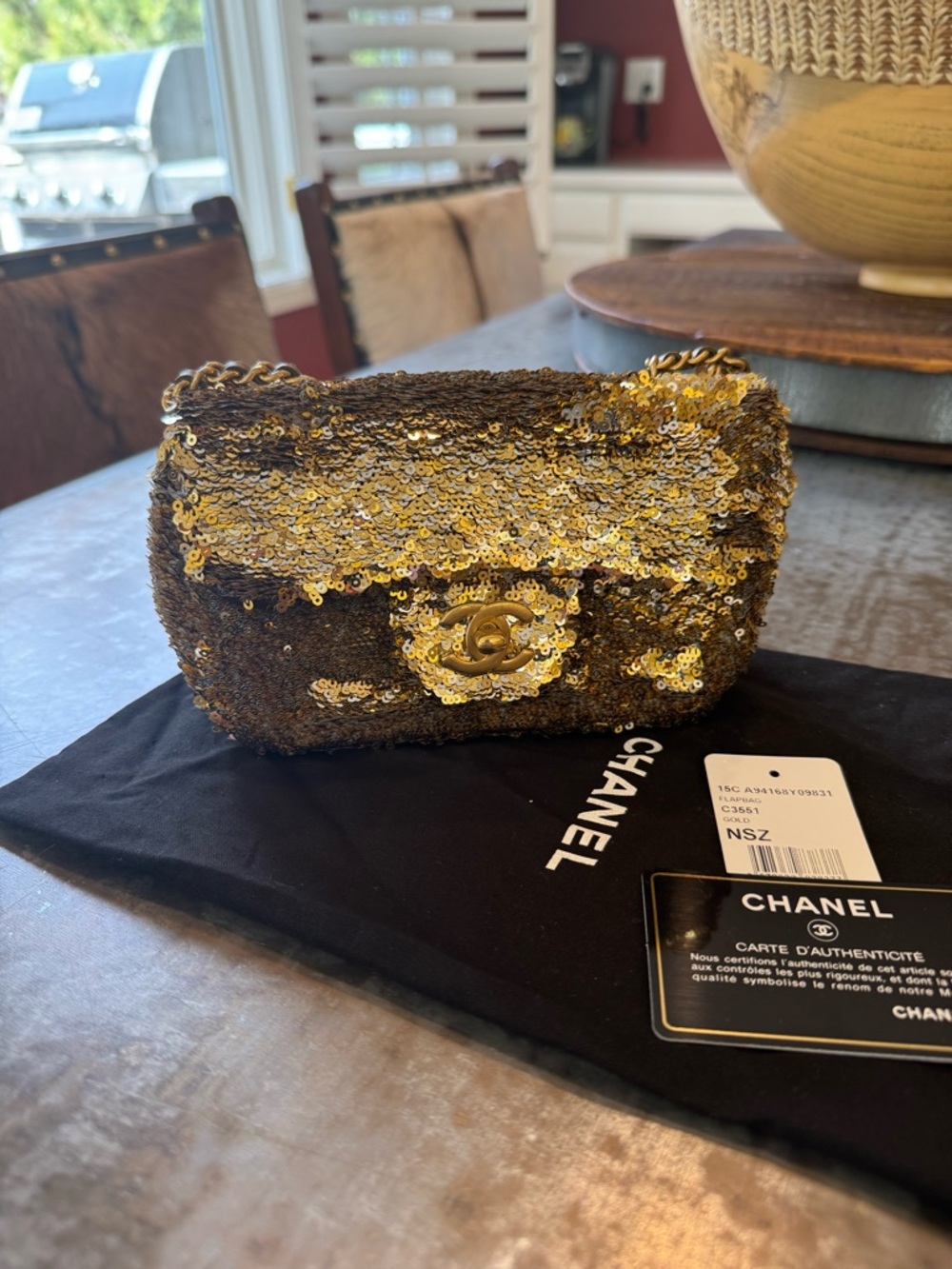 CHANEL Gold Sequined Flap Bag - Mini Rectangular
